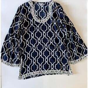 Escapada Tunic Top Womens Small Navy White Beaded‎ Sequin Boho Geometric Rayon